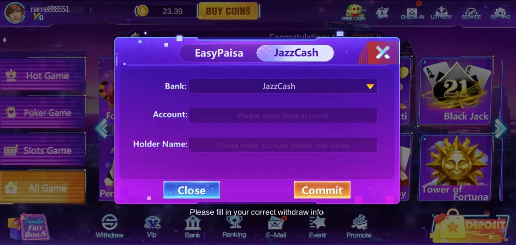 Luck 22 JazzCash Withdraw