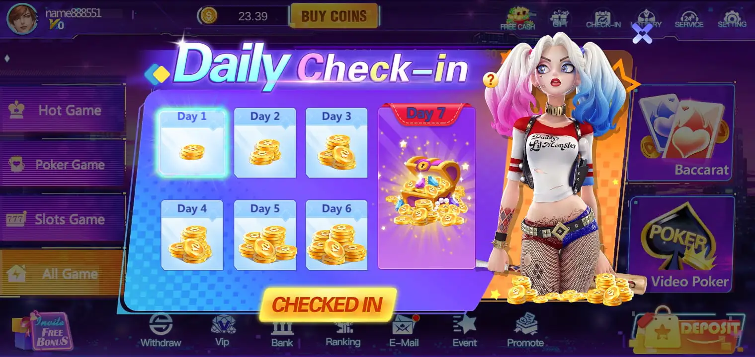 Lucky 22 Daily Check In Reward Bonus